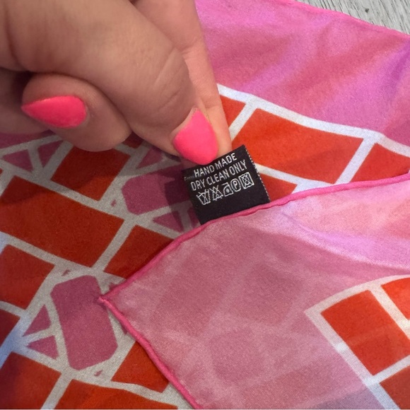 Women's 100% Silk Scarf Pink Orange And White Check Pattern “Cherish” 23inX23in - Picture 4 of 5